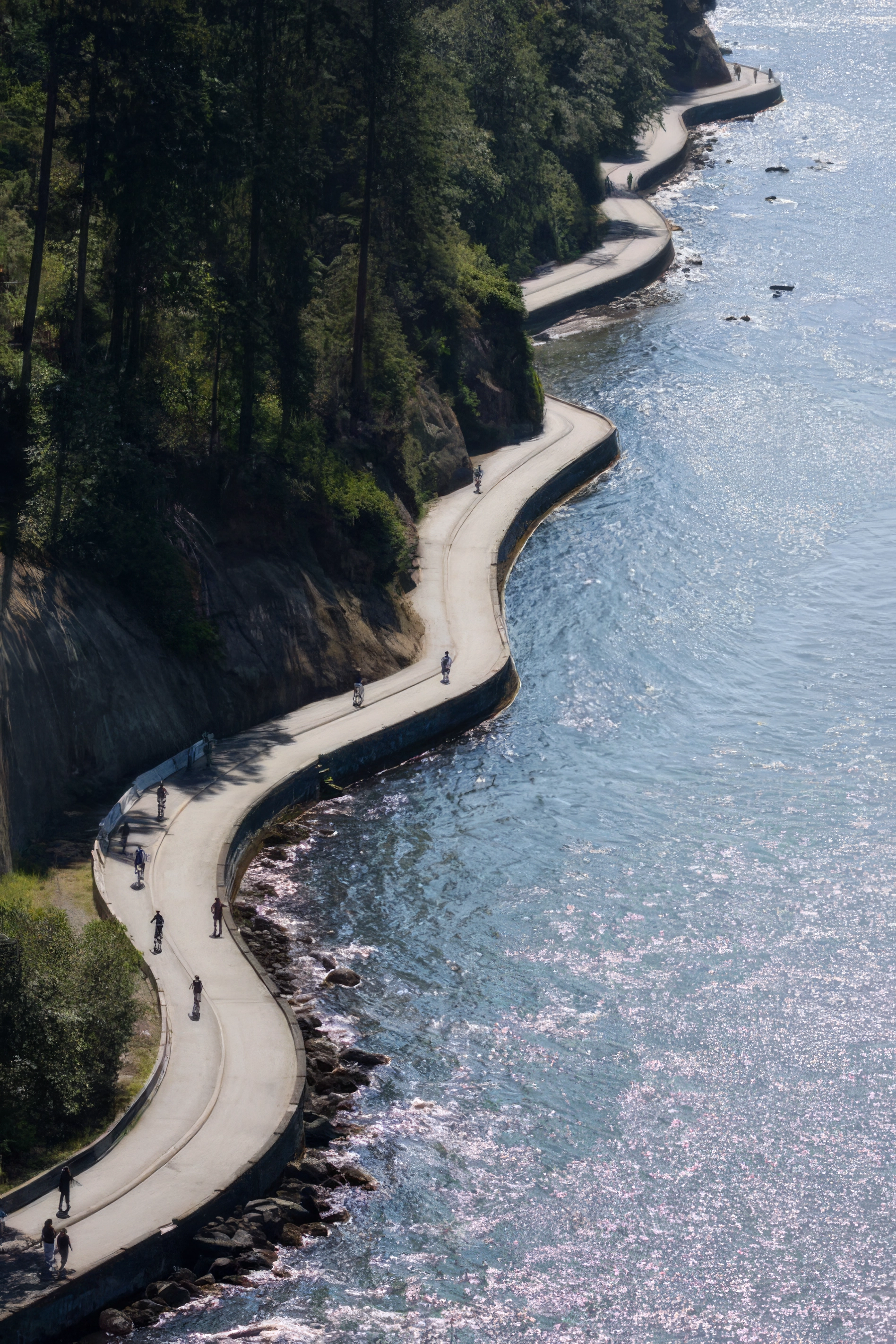 People walking and cycling along a winding waterfront path beside forest and blue water